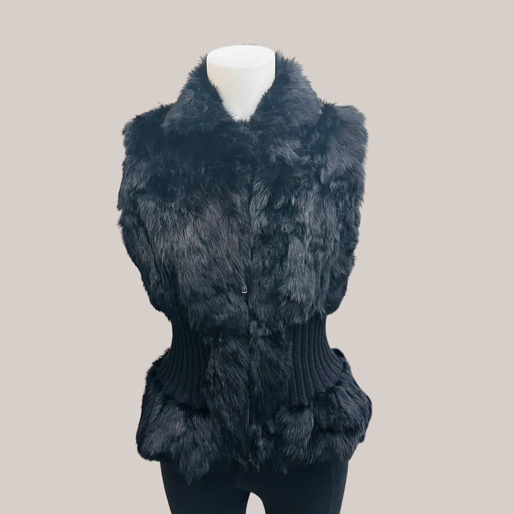 Patrizia Luca Black Genuine Fur Vest Ribbed Knit Corset Fit Zip Up Size S